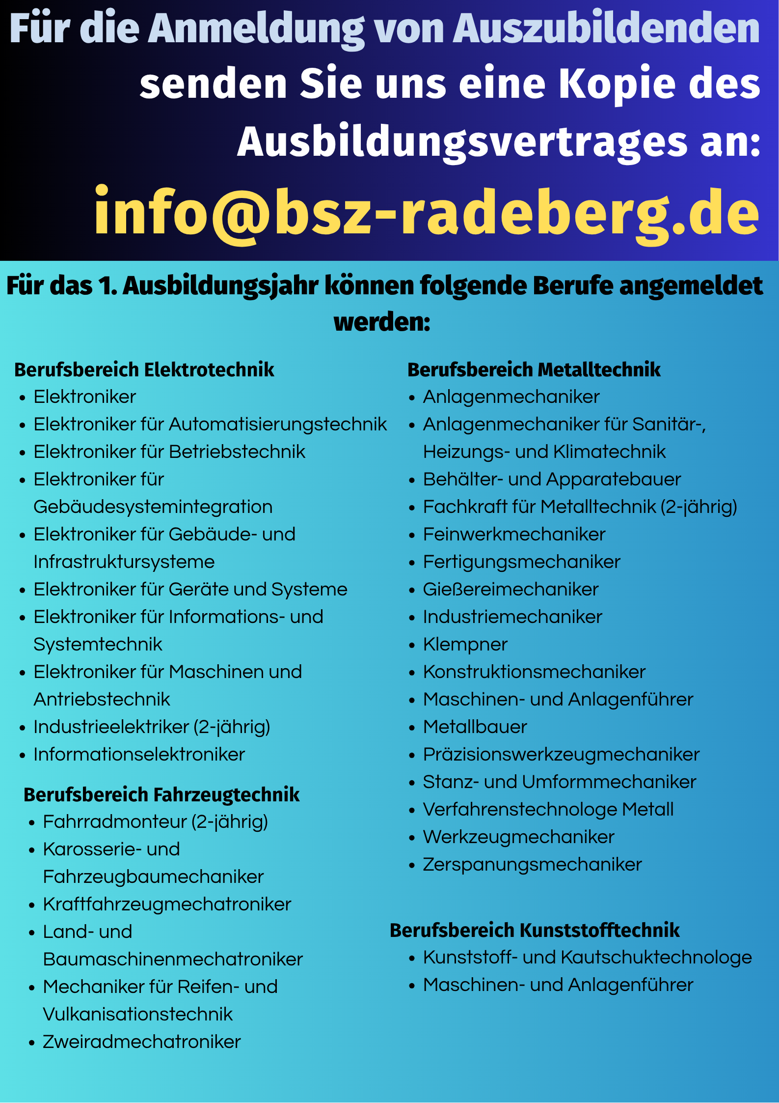 Fr das 1 Ausbildungsjahr knnen folgende Berufe angemeldet werden 1